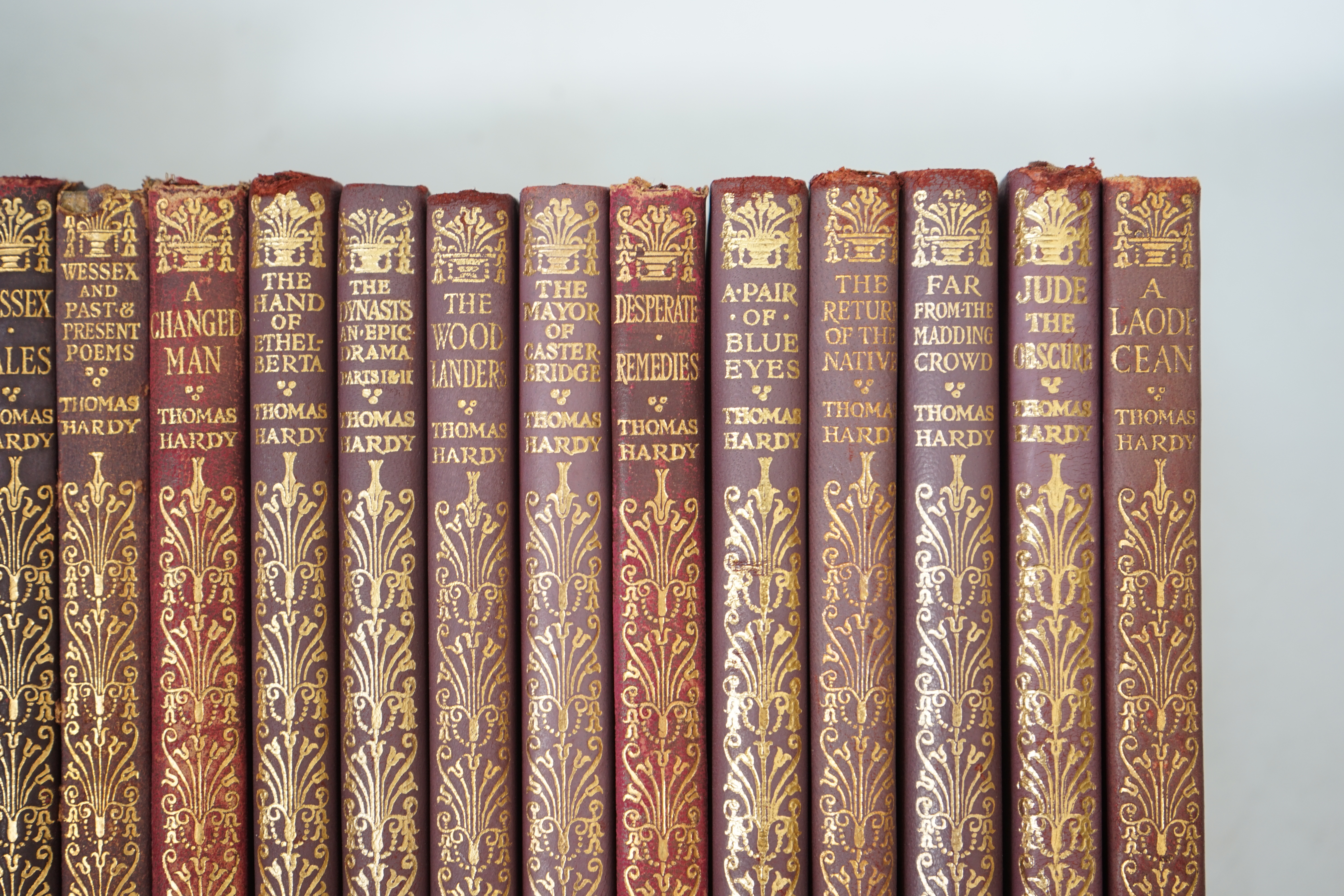 Hardy, Thomas - The Works, a harlequin pocket set edition of 17 vols, 12mo, in red leather gilt bindings, Macmillan and Co., London, 1925- 1941